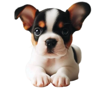 The French tricolor dog puppy has a distinctive look